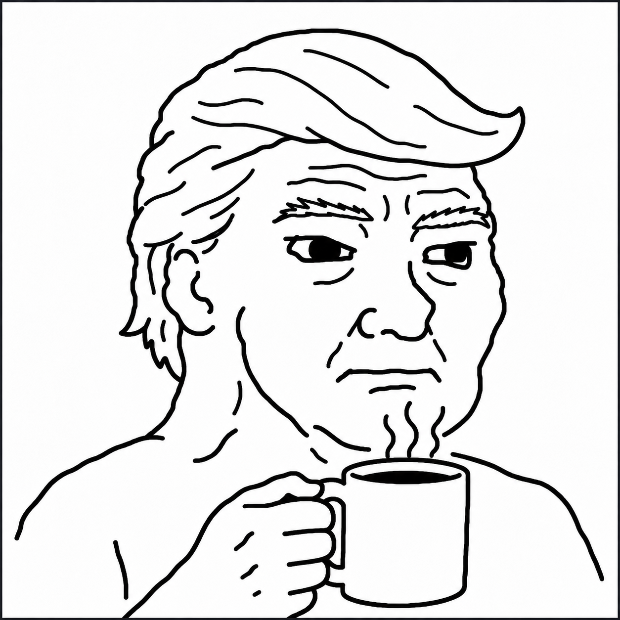 Wojo Trump holding a steaming mug of coffee