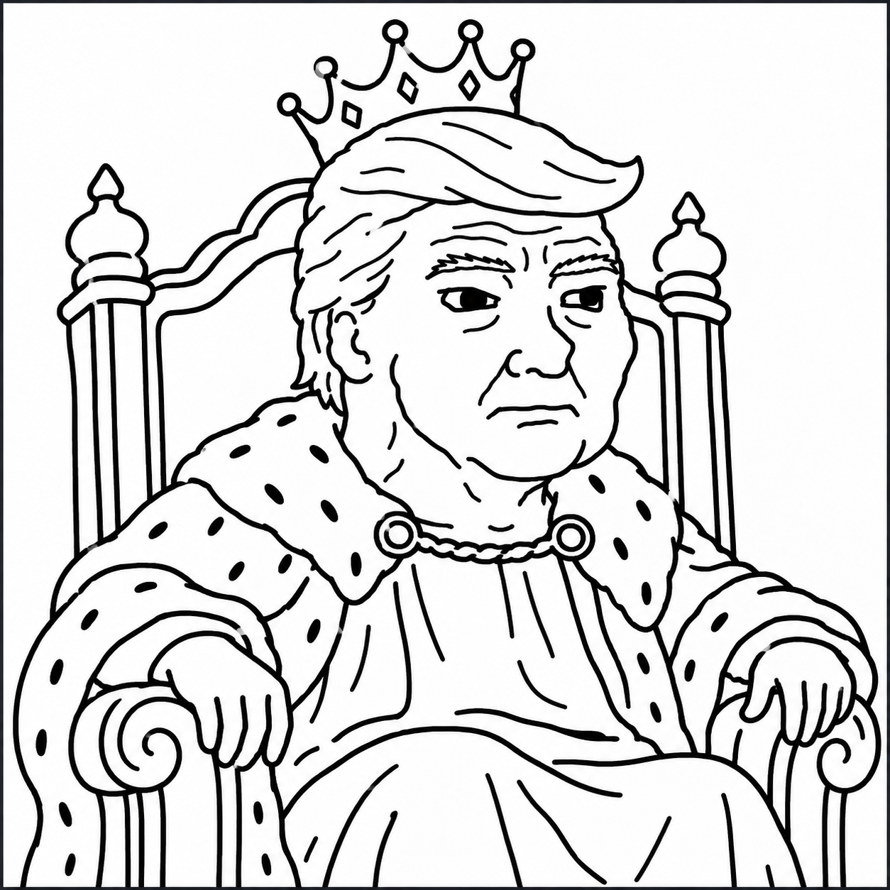 Wojo Trump wearing a crown and sitting on a throne